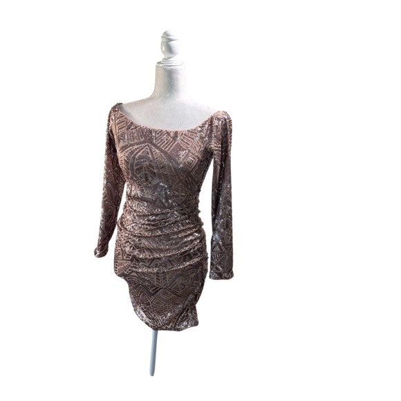 BCBGMAXAZRIA Sequin Off-Shoulder Ruched Dress – Small – Rose Gold - Picture 3 of 14